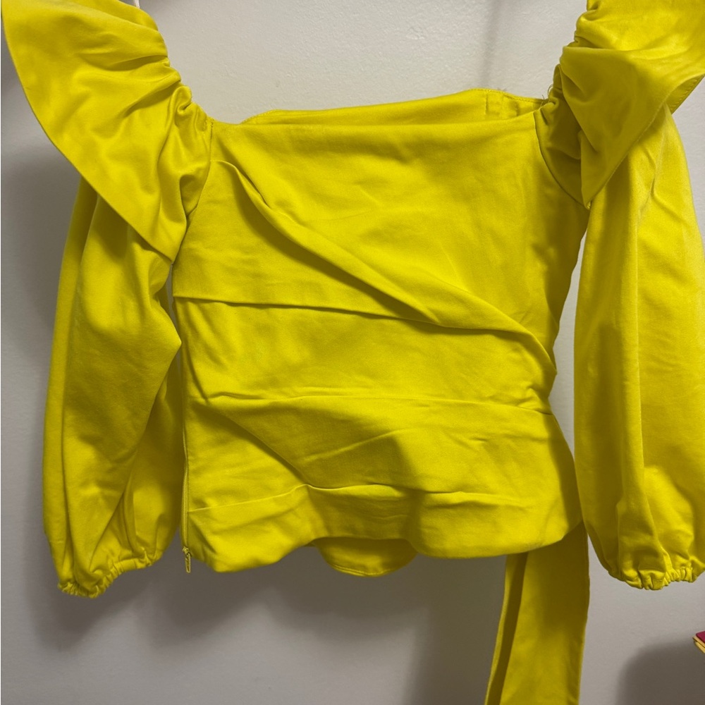 Yellow Puff Sleeve Ruffled Blouse with Tie Front